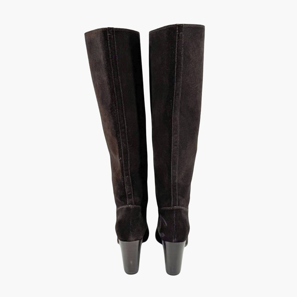 Chanel CC Dark Brown Suede Knee High Riding Boots Block Heel Size 37 US 6-6.5 - Picture 6 of 13